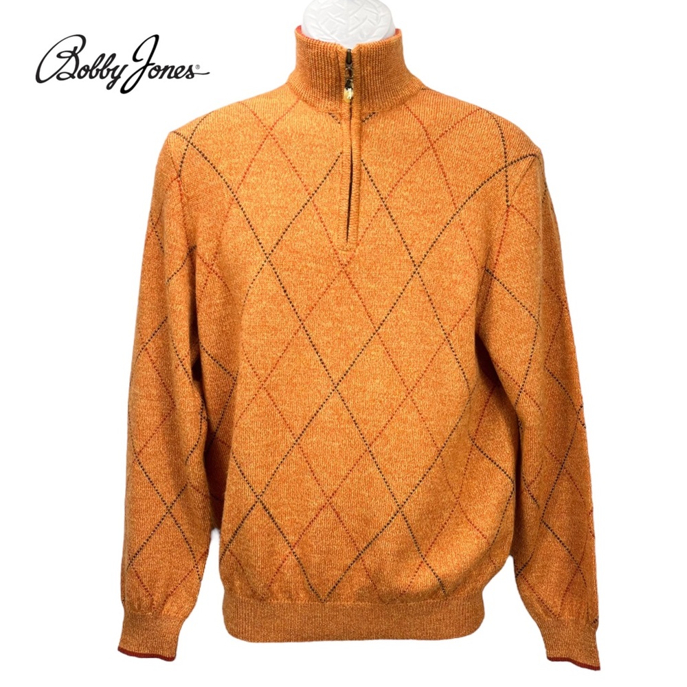 Bobby Jones Men’s Small 100% Merino Wool Diamond Argyle Quarter Zip‎ Sweater